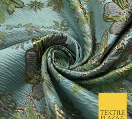 Sage Green Blue Large Floral Rose Wacky Metallic Textured Brocade Fabric 9312