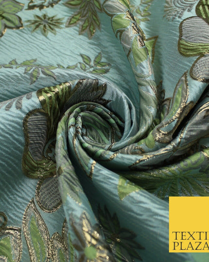 Sage Green Blue Large Floral Rose Wacky Metallic Textured Brocade Fabric 9312