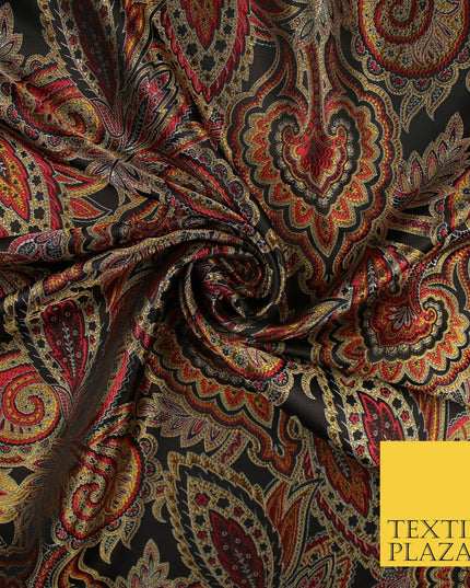 Black Red Intricate Ornate Floral Metallic Textured Brocade Dress Fabric 9956