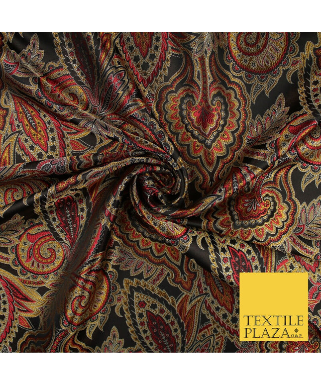 Black Red Intricate Ornate Floral Metallic Textured Brocade Dress Fabric 9956
