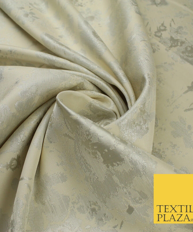 Ivory Cream Silver Abstract Floral Metallic Textured Brocade Dress Fabric 9960