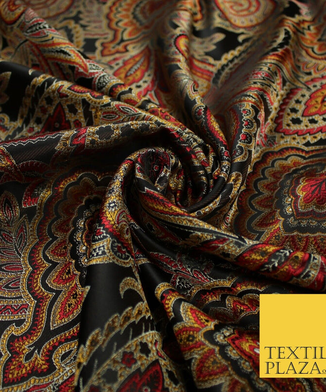 Black Red Intricate Ornate Floral Metallic Textured Brocade Dress Fabric 9956