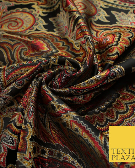 Black Red Intricate Ornate Floral Metallic Textured Brocade Dress Fabric 9956