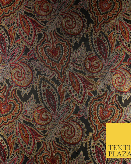 Black Red Intricate Ornate Floral Metallic Textured Brocade Dress Fabric 9956