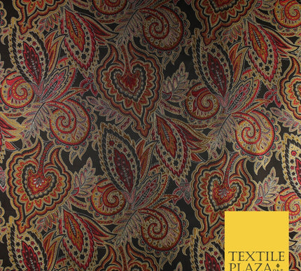 Black Red Intricate Ornate Floral Metallic Textured Brocade Dress Fabric 9956