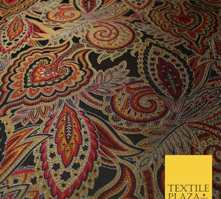 Black Red Intricate Ornate Floral Metallic Textured Brocade Dress Fabric 9956