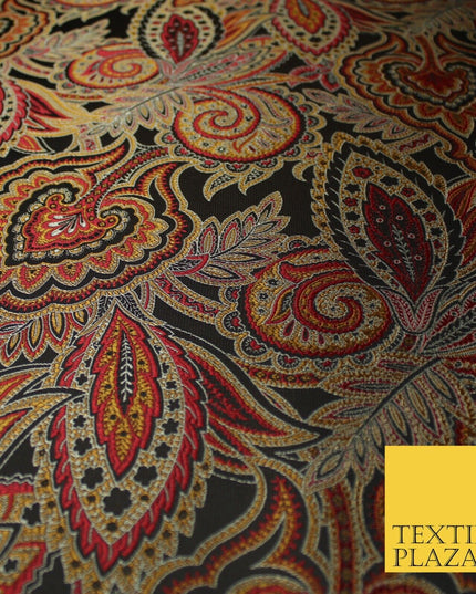Black Red Intricate Ornate Floral Metallic Textured Brocade Dress Fabric 9956