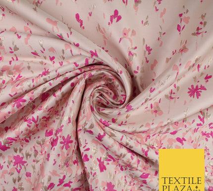 Nude Peach Magenta Border Floral Metallic Textured Brocade Dress Fabric 9955