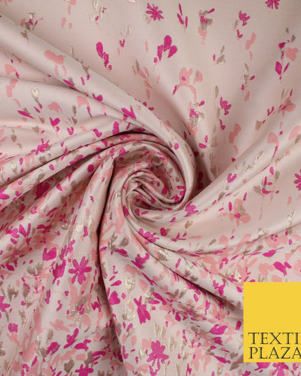 Nude Peach Magenta Border Floral Metallic Textured Brocade Dress Fabric 9955