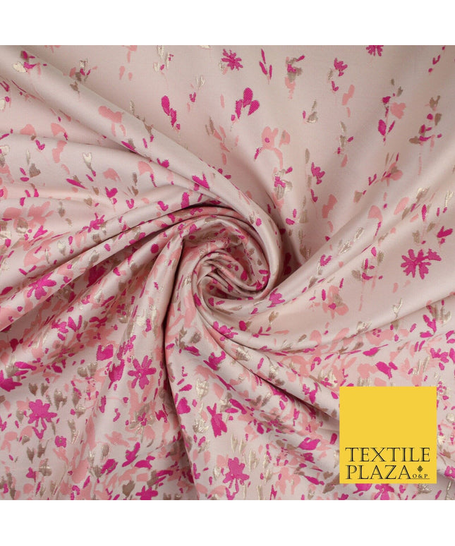 Nude Peach Magenta Border Floral Metallic Textured Brocade Dress Fabric 9955