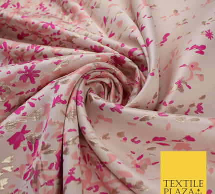 Nude Peach Magenta Border Floral Metallic Textured Brocade Dress Fabric 9955