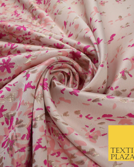 Nude Peach Magenta Border Floral Metallic Textured Brocade Dress Fabric 9955