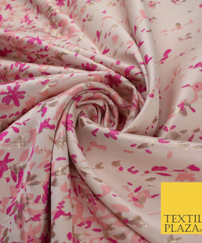 Nude Peach Magenta Border Floral Metallic Textured Brocade Dress Fabric 9955