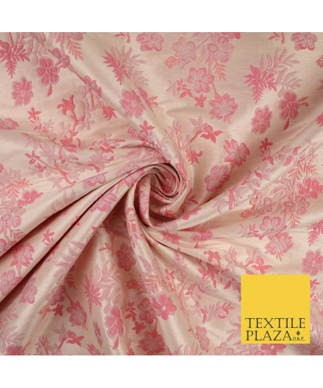 Nude Peach Coral Ditsy Floral Metallic Textured Brocade Dress Fabric 9959