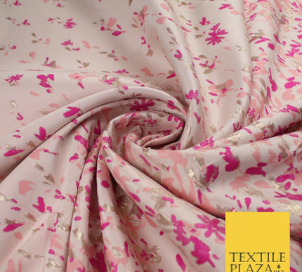 Nude Peach Magenta Border Floral Metallic Textured Brocade Dress Fabric 9955