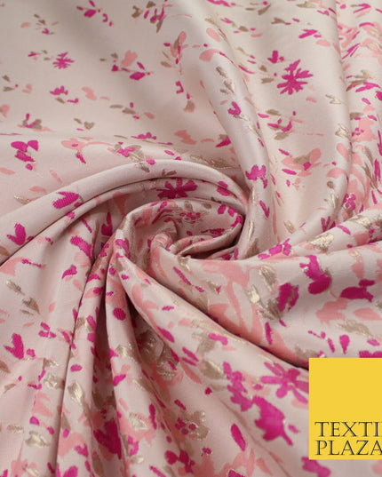 Nude Peach Magenta Border Floral Metallic Textured Brocade Dress Fabric 9955