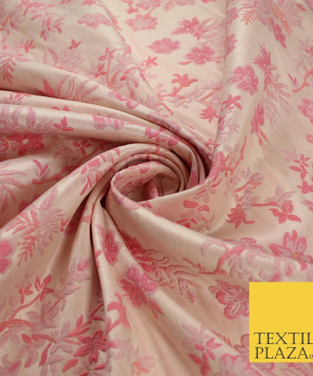 Nude Peach Coral Ditsy Floral Metallic Textured Brocade Dress Fabric 9959