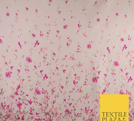 Nude Peach Magenta Border Floral Metallic Textured Brocade Dress Fabric 9955