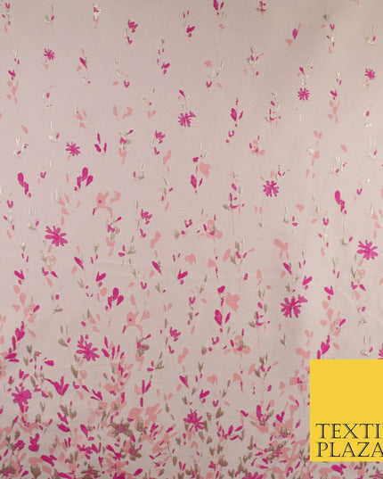 Nude Peach Magenta Border Floral Metallic Textured Brocade Dress Fabric 9955