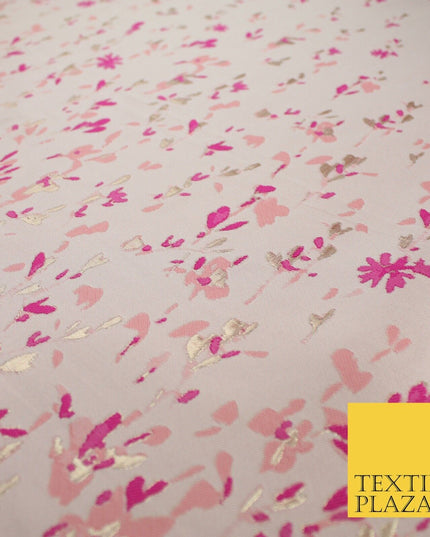 Nude Peach Magenta Border Floral Metallic Textured Brocade Dress Fabric 9955