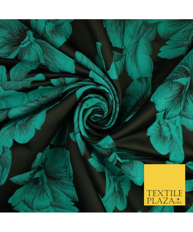 Black and Jade Floral Bunches Bloom Metallic Textured Brocade Dress Fabric 9961