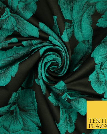 Black and Jade Floral Bunches Bloom Metallic Textured Brocade Dress Fabric 9961