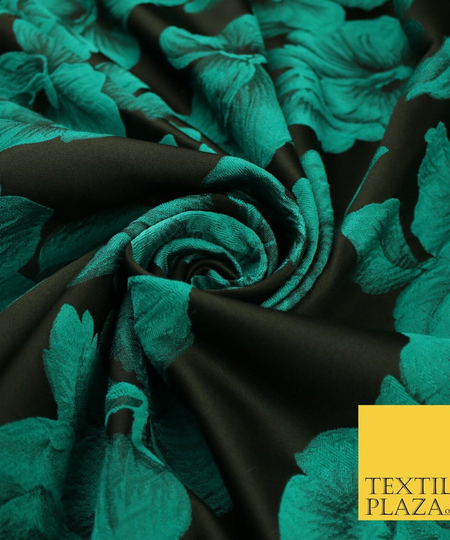 Black and Jade Floral Bunches Bloom Metallic Textured Brocade Dress Fabric 9961