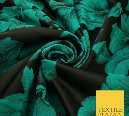 Black and Jade Floral Bunches Bloom Metallic Textured Brocade Dress Fabric 9961