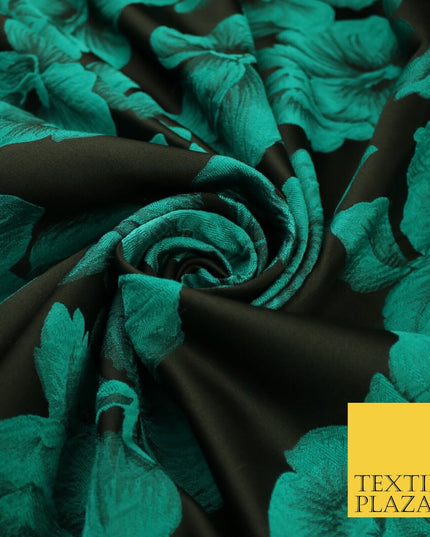 Black and Jade Floral Bunches Bloom Metallic Textured Brocade Dress Fabric 9961