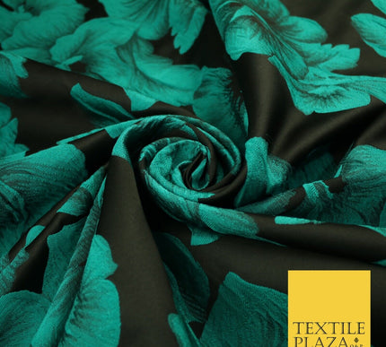 Black and Jade Floral Bunches Bloom Metallic Textured Brocade Dress Fabric 9961