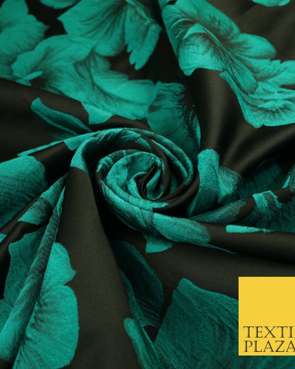 Black and Jade Floral Bunches Bloom Metallic Textured Brocade Dress Fabric 9961