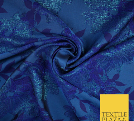 Capri Blue Floral Bloom Vine Metallic Textured Brocade Dress Fabric 9958