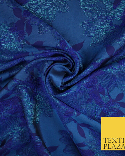 Capri Blue Floral Bloom Vine Metallic Textured Brocade Dress Fabric 9958