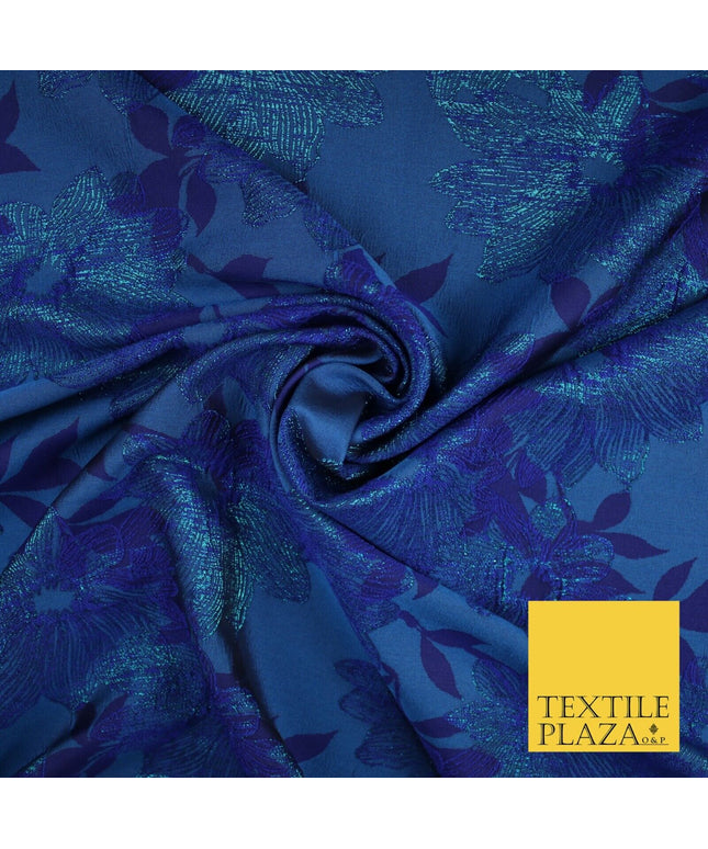 Capri Blue Floral Bloom Vine Metallic Textured Brocade Dress Fabric 9958