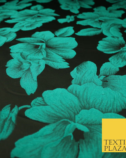 Black and Jade Floral Bunches Bloom Metallic Textured Brocade Dress Fabric 9961
