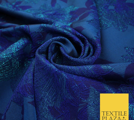 Capri Blue Floral Bloom Vine Metallic Textured Brocade Dress Fabric 9958