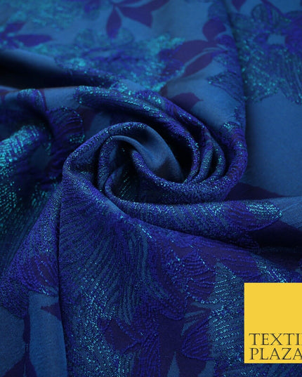 Capri Blue Floral Bloom Vine Metallic Textured Brocade Dress Fabric 9958