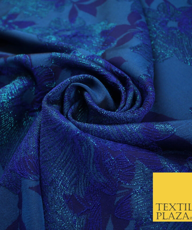 Capri Blue Floral Bloom Vine Metallic Textured Brocade Dress Fabric 9958
