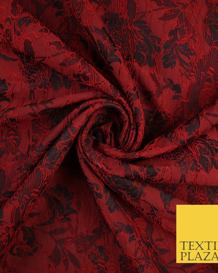 Red Black Artsy Outline Floral Vine Textured Brocade Dress Fabric 9924