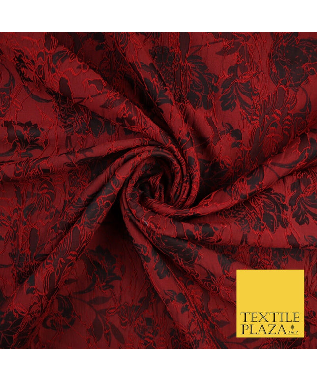 Red Black Artsy Outline Floral Vine Textured Brocade Dress Fabric 9924