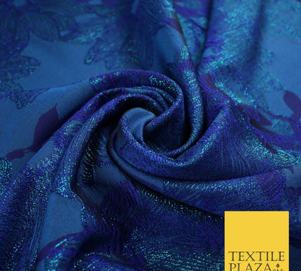 Capri Blue Floral Bloom Vine Metallic Textured Brocade Dress Fabric 9958