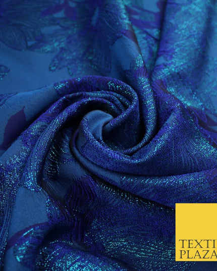 Capri Blue Floral Bloom Vine Metallic Textured Brocade Dress Fabric 9958