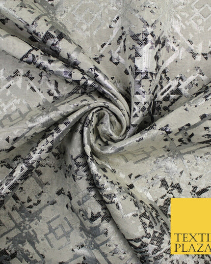 Black Silver Geometric Squares Funky Metallic Textured Brocade Dress Fabric 9922
