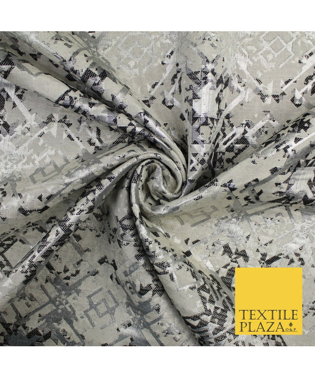 Black Silver Geometric Squares Funky Metallic Textured Brocade Dress Fabric 9922