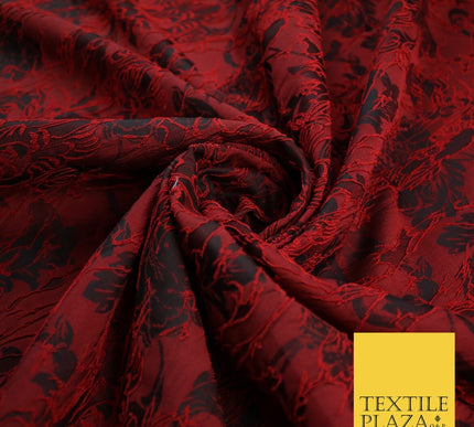 Red Black Artsy Outline Floral Vine Textured Brocade Dress Fabric 9924