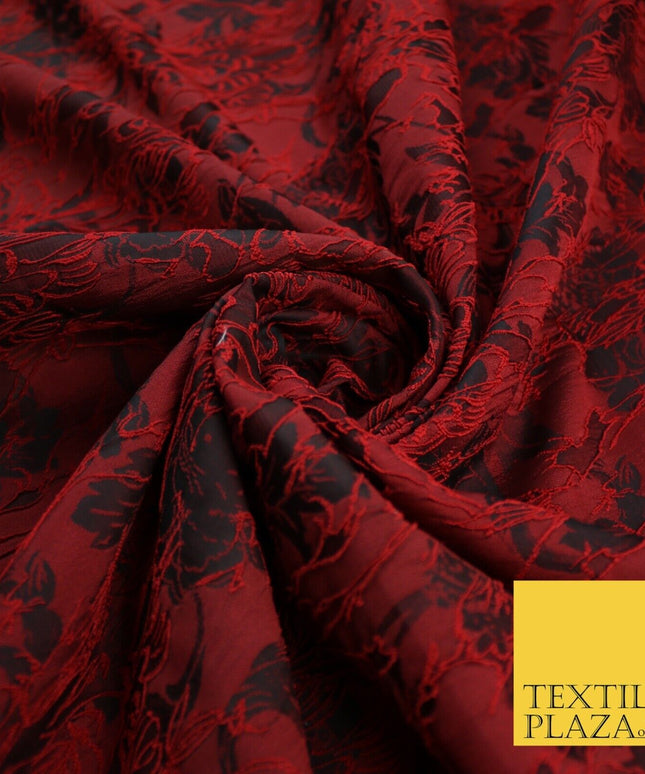 Red Black Artsy Outline Floral Vine Textured Brocade Dress Fabric 9924