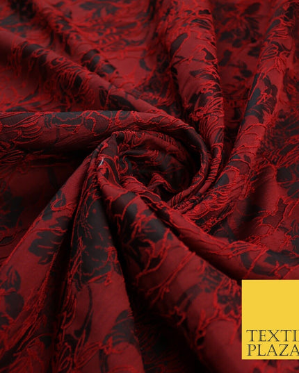 Red Black Artsy Outline Floral Vine Textured Brocade Dress Fabric 9924