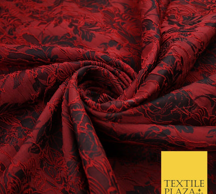 Red Black Artsy Outline Floral Vine Textured Brocade Dress Fabric 9924