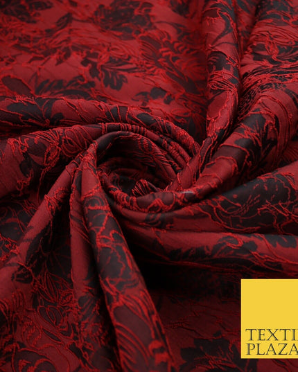 Red Black Artsy Outline Floral Vine Textured Brocade Dress Fabric 9924