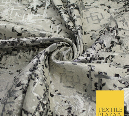 Black Silver Geometric Squares Funky Metallic Textured Brocade Dress Fabric 9922